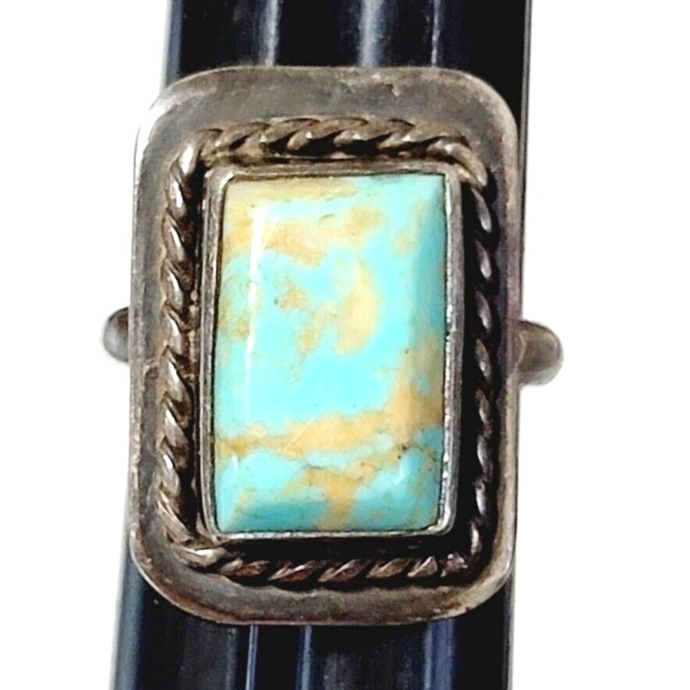 Vintage Rectangle Turquoise Ring, Ribbed Setting, Size 3.5 Pinky Ring 1970s